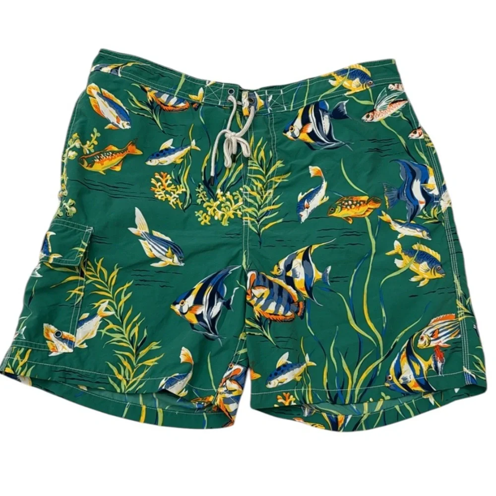 POLO RALPH LAUREN Swim Trunks Mens Sz XL Green Multicolor Fish Print Lined Board